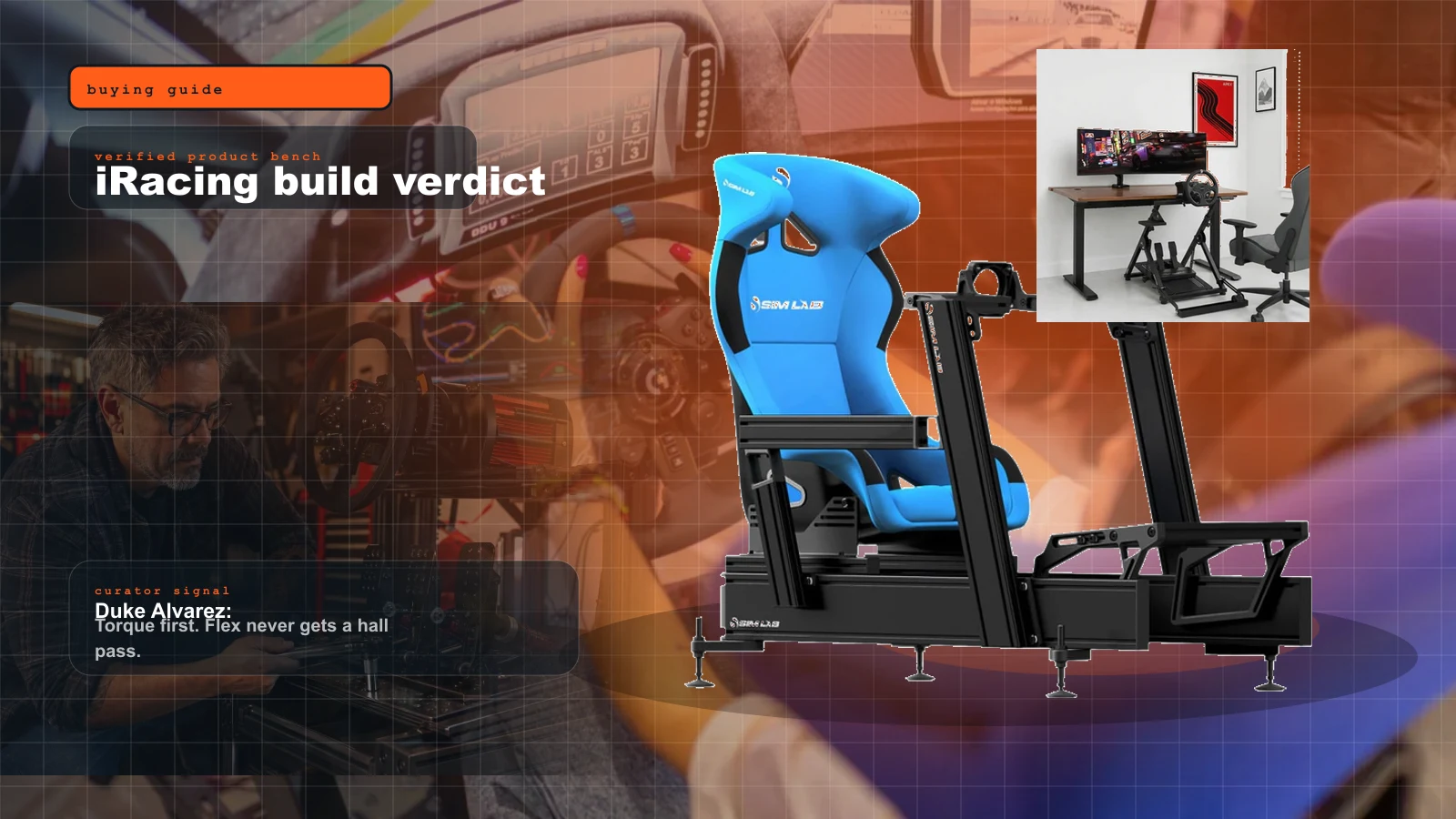 iRacing Review 2026: Is the Subscription Still Worth Building a Rig Around? cover with iRacing Review 2026 cover with official iRacing media and a real Sim-Lab P1X cockpit product photo and Duke Alvarez