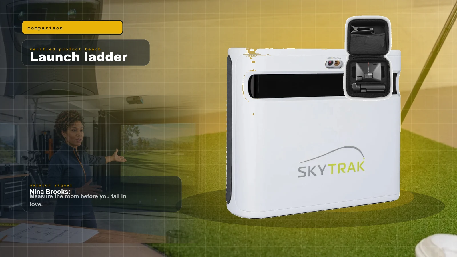 Golf Launch Monitor Ladder 2026: Garmin R10, MLM2PRO, SkyTrak+, Garmin R50, Bushnell Launch Pro, GC3 cover with SkyTrak Plus launch monitor and Nina Brooks