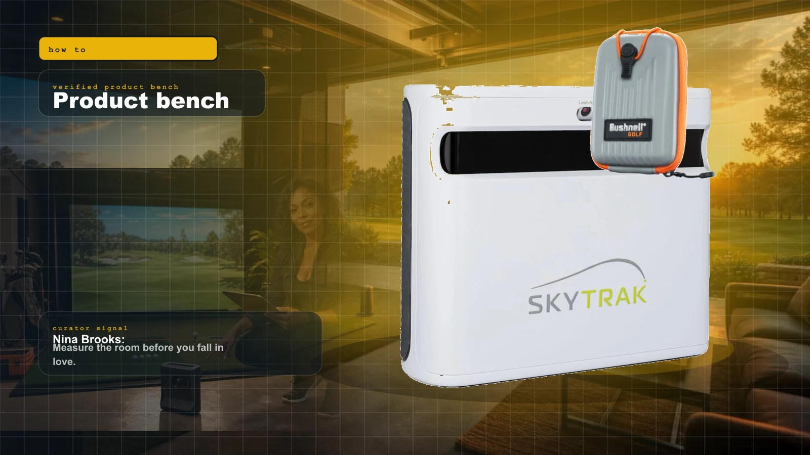 Low-Ceiling Golf Simulator: The 8.5-Foot Basement Survival Guide for 2026 cover with SkyTrak+ side-of-ball photometric launch monitor, the anchor of a low-ceiling 8.5-foot basement golf simulator build and Nina Brooks