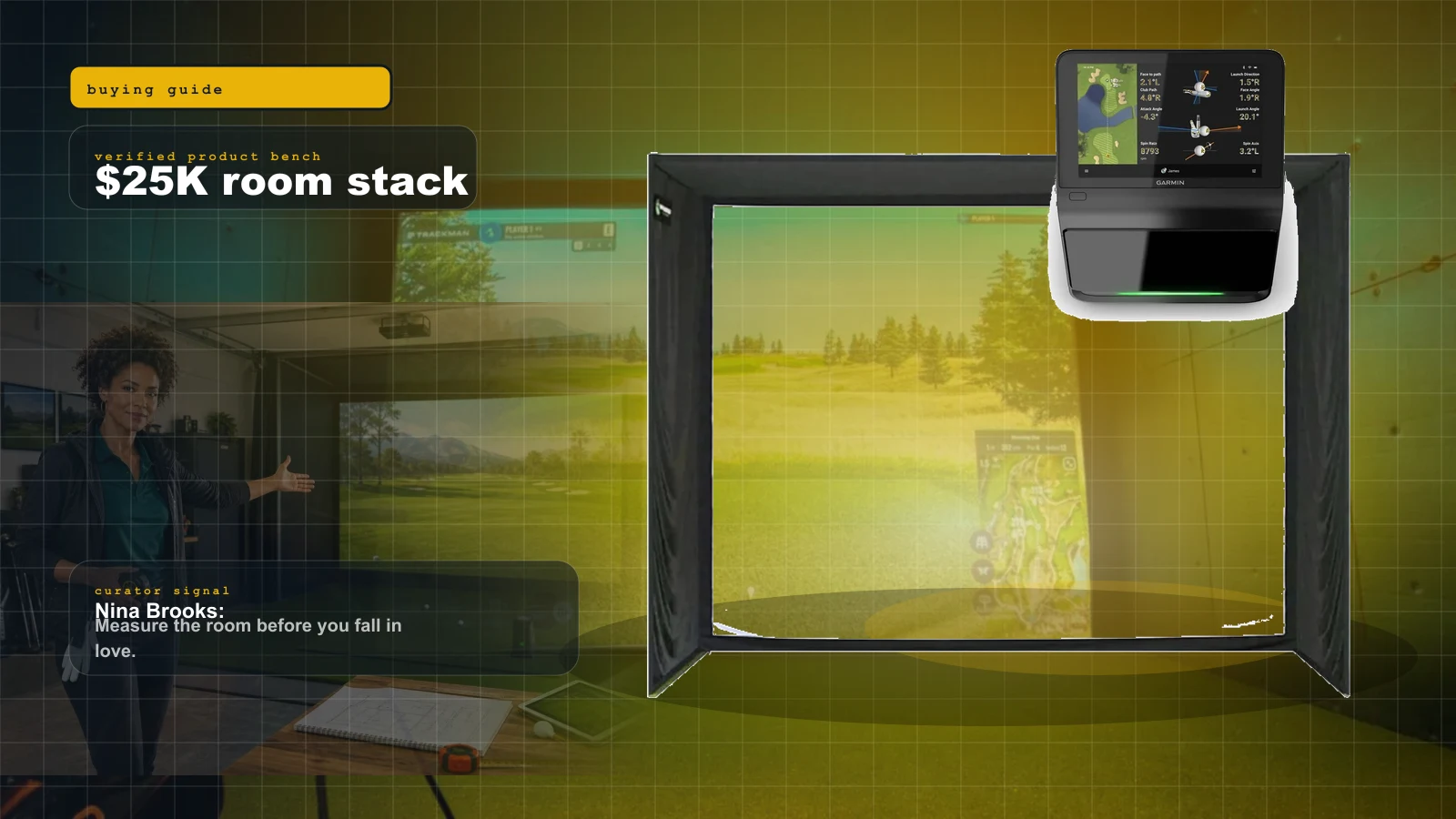 Luxury Golf Simulator Room Build 2026: The $25K Buy-Once-Cry-Once Plan That Is Actually Worth It cover with SIG10 golf simulator enclosure in a premium home golf room and Nina Brooks
