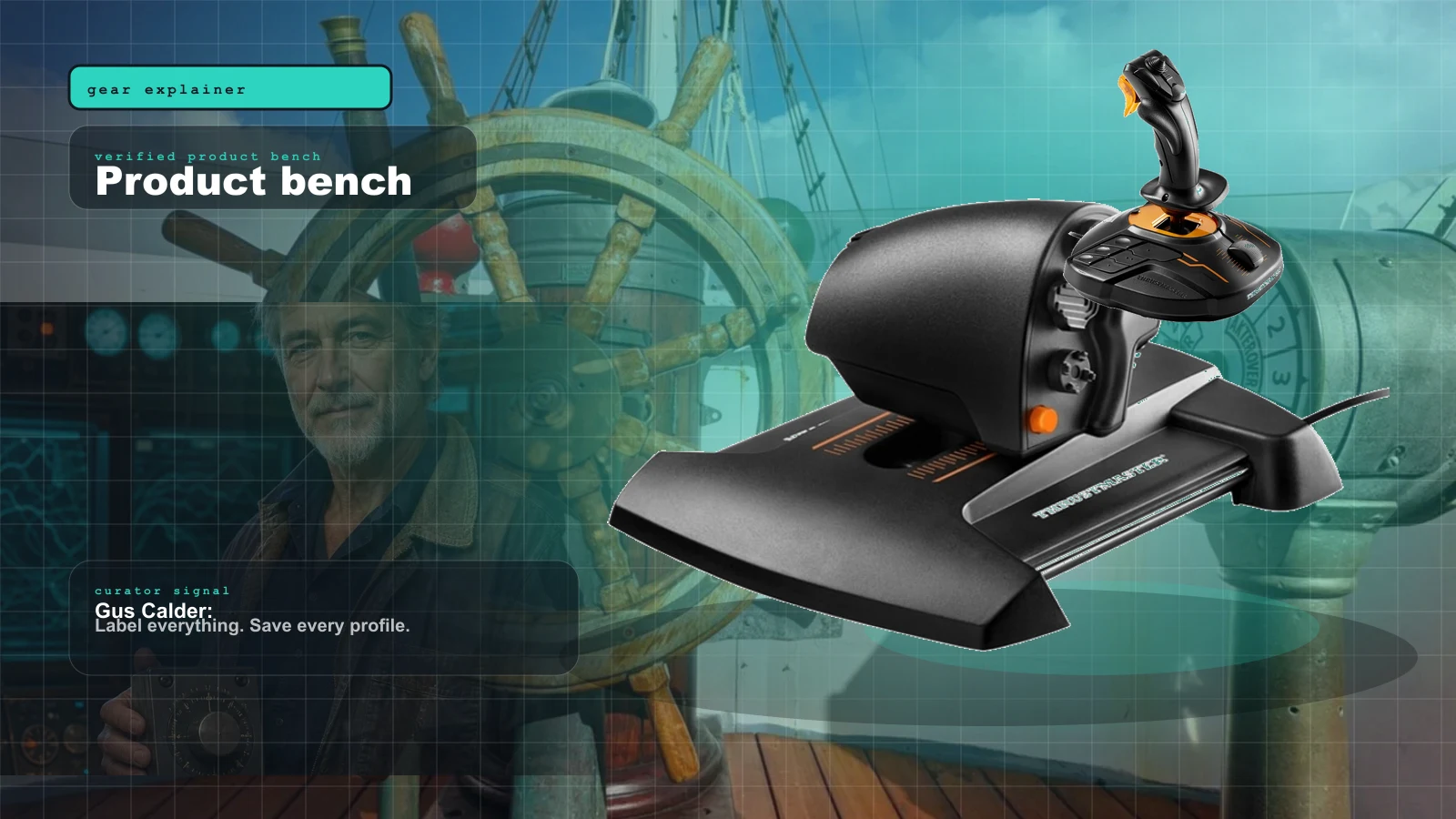 The Marine Sim Hardware Reality Check: Why There's No 'Boat Wheel' (And What You Actually Buy) cover with Repurposed sim gear arranged as a marine console — racing wheel, throttle quadrant, button box — on dark slate with teal rim light and Gus Calder