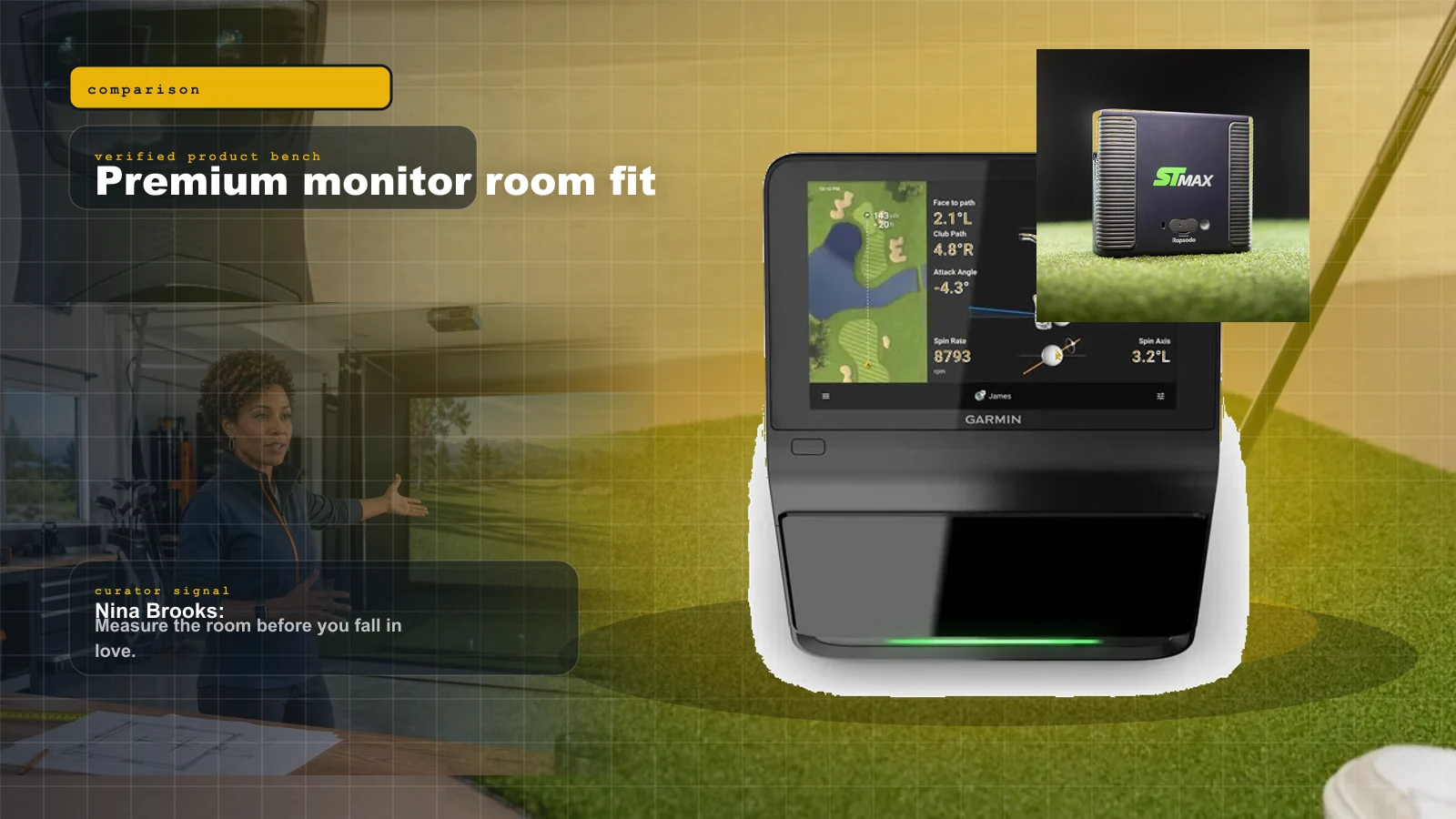 Garmin R50 vs SkyTrak ST MAX vs Bushnell Launch Pro: Which Premium Launch Monitor Fits Your Room? cover with Garmin Approach R50 premium golf launch monitor with built-in screen and Nina Brooks