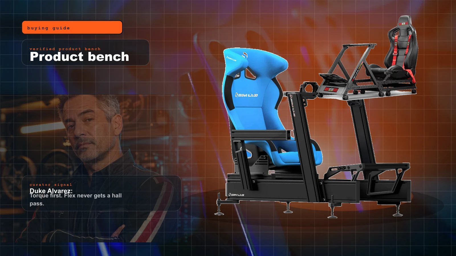 Sim Racing Handbrake & Shifter Guide 2026: Rally, Drift, GT cover with Rigid aluminum-profile sim racing cockpit with side rails ready for a handbrake and shifter mount and Duke Alvarez
