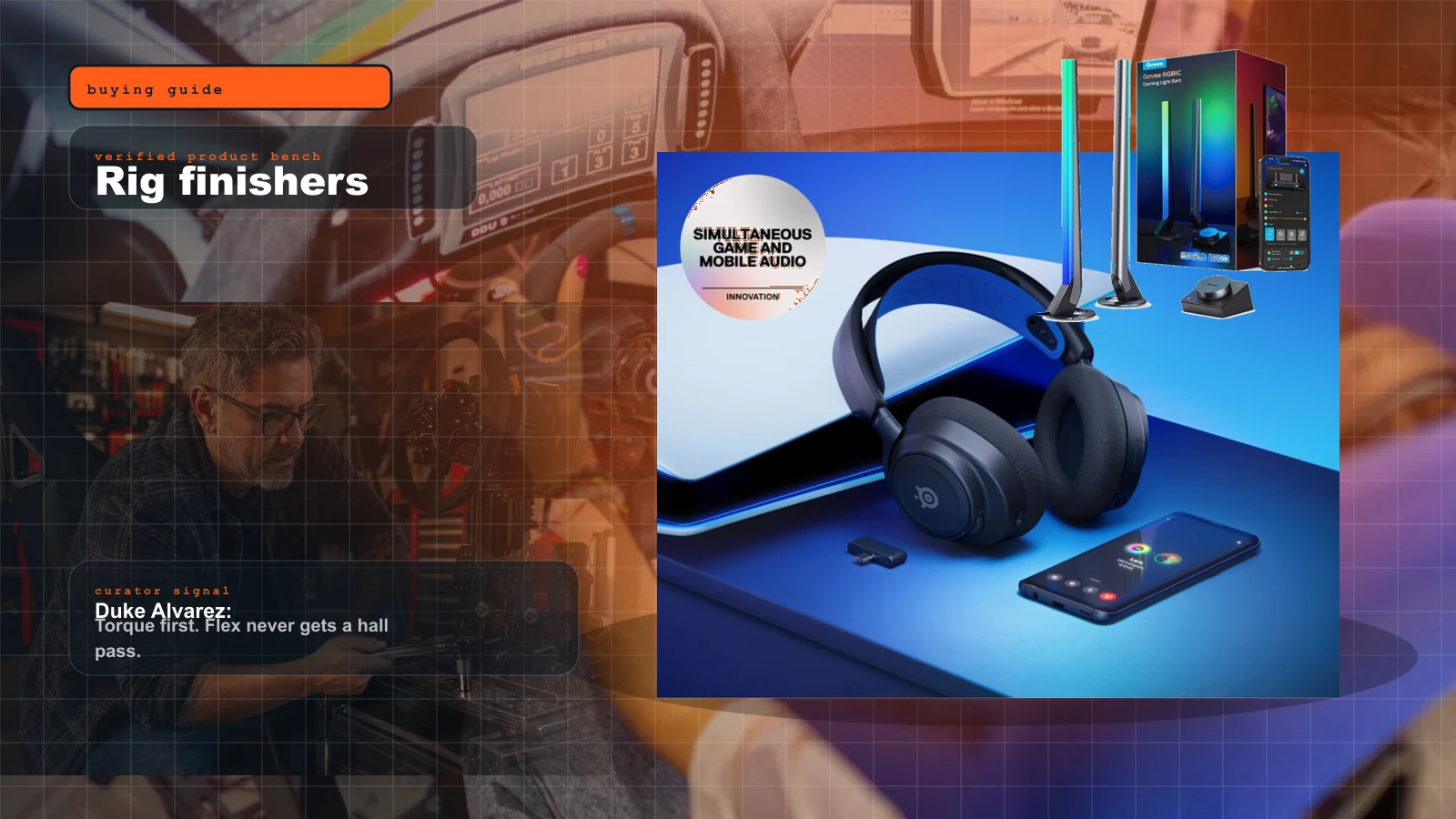 Sim Rig Accessories 2026: The Cheap Finishing Touches That Complete Your Build cover with Govee RGBIC gaming light bars glowing behind a sim racing cockpit — the cheap ambient upgrade that finishes a build and Duke Alvarez