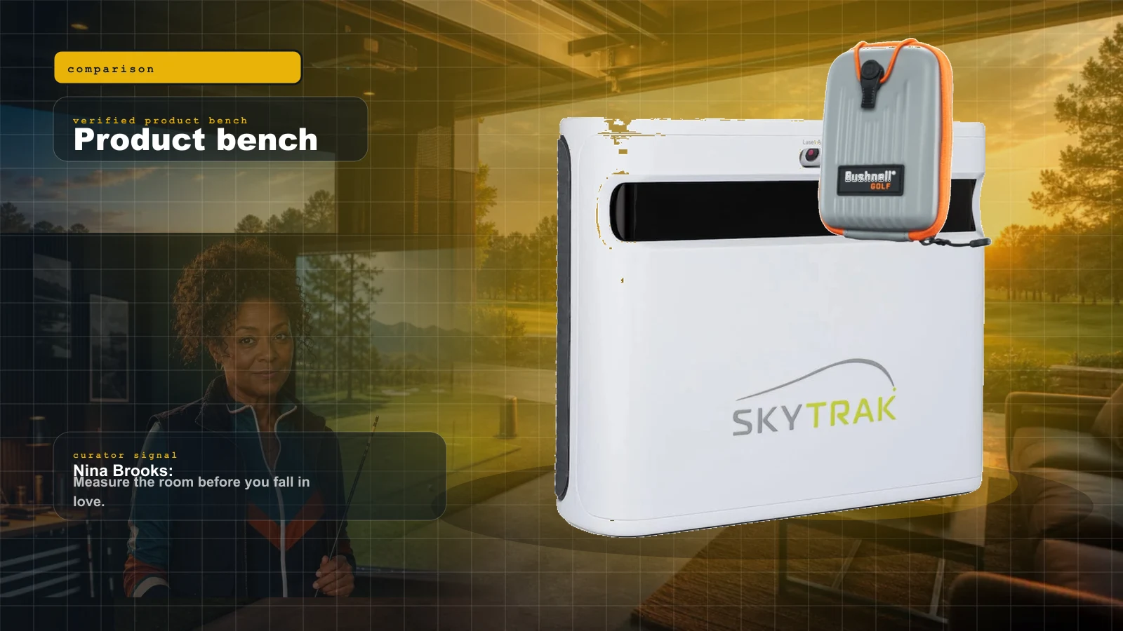 SkyTrak+ vs Bushnell Launch Pro vs Foresight GC3: The Premium-Photometric Head-to-Head (2026) cover with SkyTrak+ photometric golf launch monitor sitting beside the ball on a hitting mat and Nina Brooks