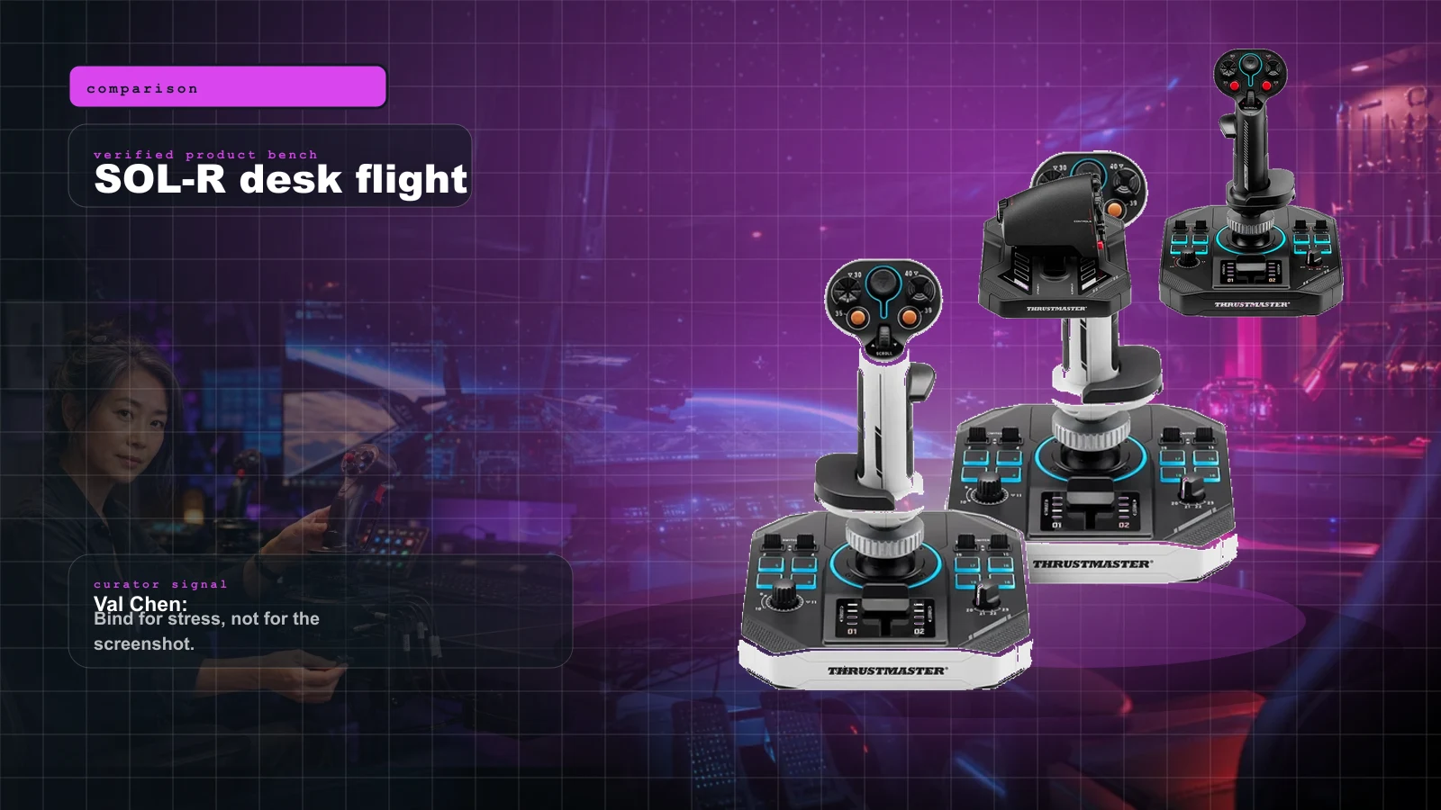Thrustmaster SOL-R 2 vs SOL-R 4 in 2026: HOSAS, HOTAS, FlightDeck, VKB, and WinWing Without the Forum Fog cover with Thrustmaster SOL-R 2 vs SOL-R 4 HOSAS and HOTAS guide cover with real SOL-R space sim hardware in use and Val Chen's verdict and Val Chen