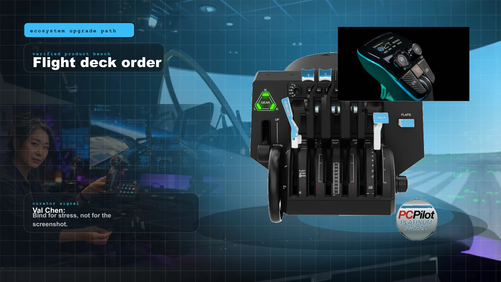 Yoke, Throttle, Rudders, or Head Tracking First? The 2026 Flight Sim Upgrade Order cover with Honeycomb Bravo flight simulator throttle quadrant and Val Chen