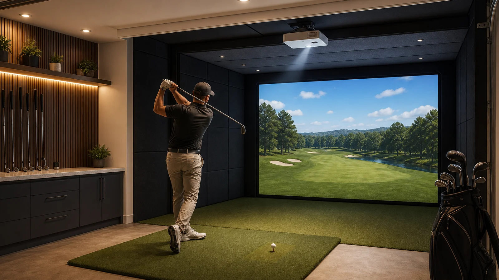 AI golf simulator bay scene showing a ceiling mounted projector and immersive projected fairway