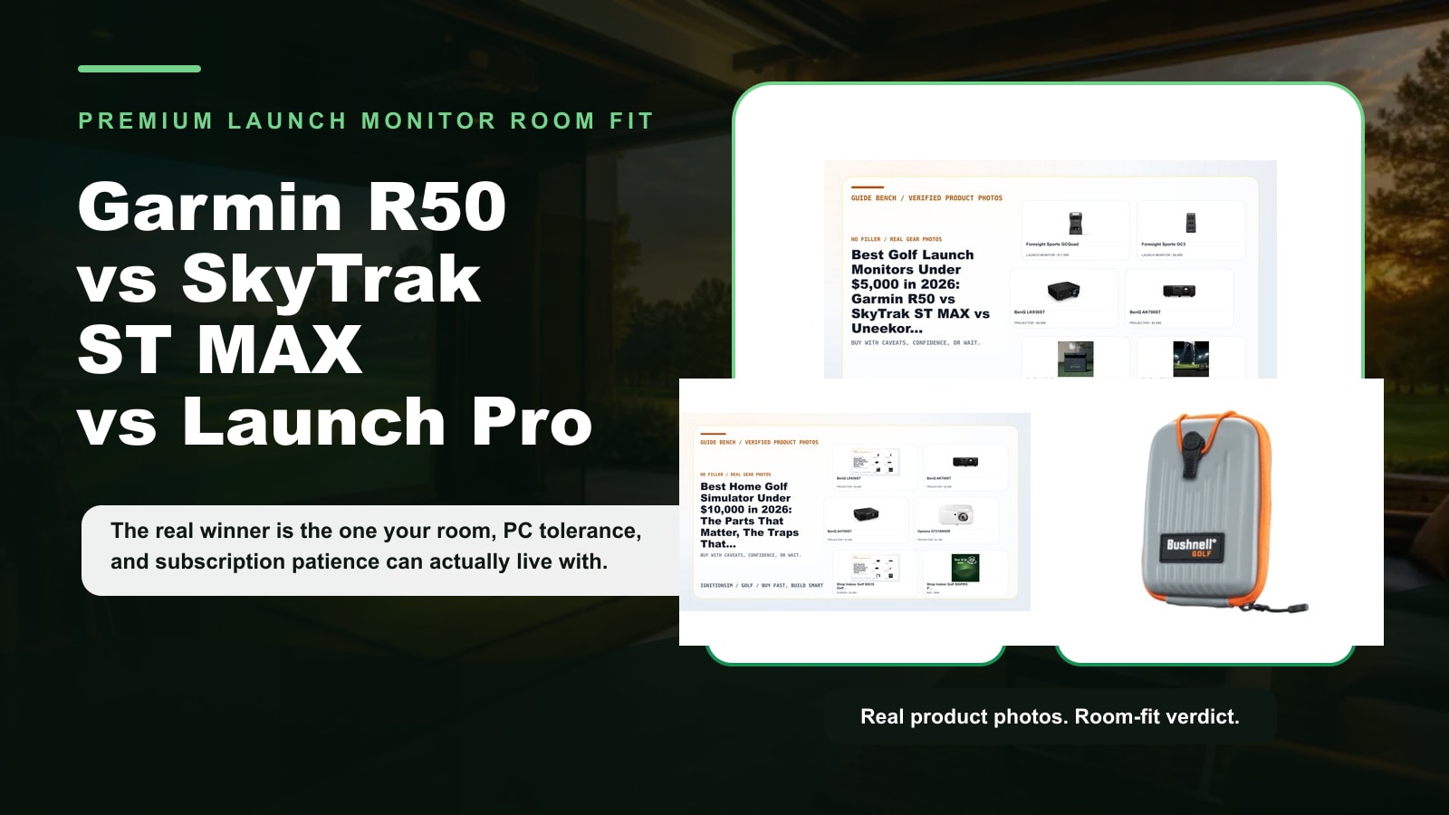 Real product comparison cover for Garmin R50, SkyTrak ST MAX, and Bushnell Launch Pro