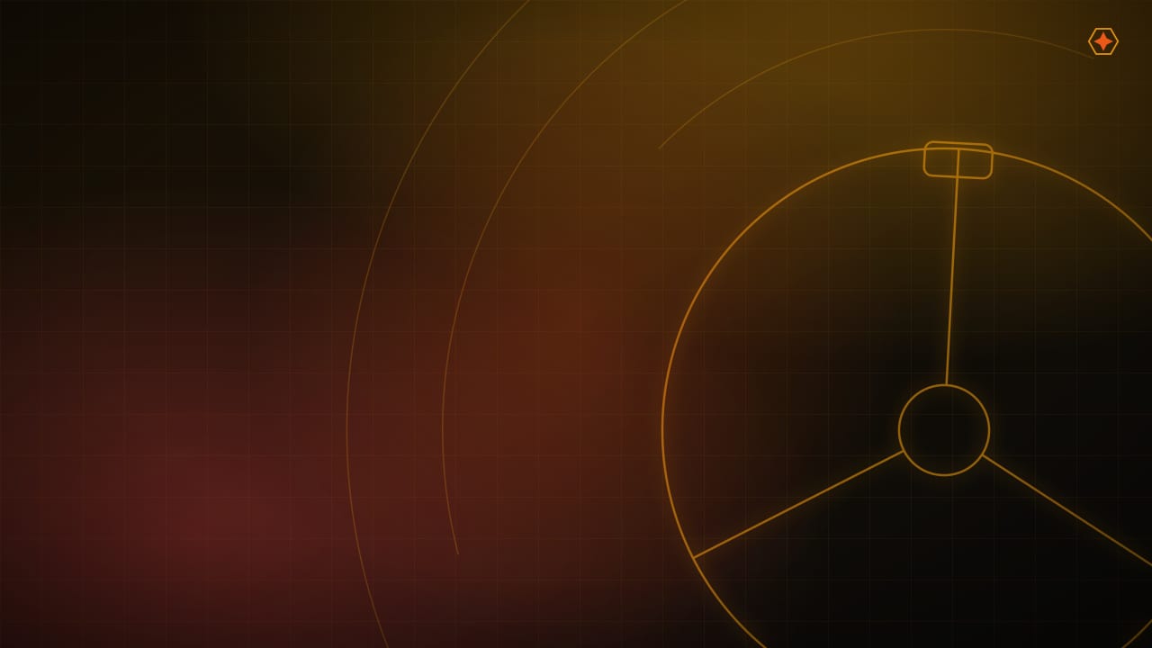 Hands on a carbon GT wheel lit by amber telemetry glow, force feedback in motion