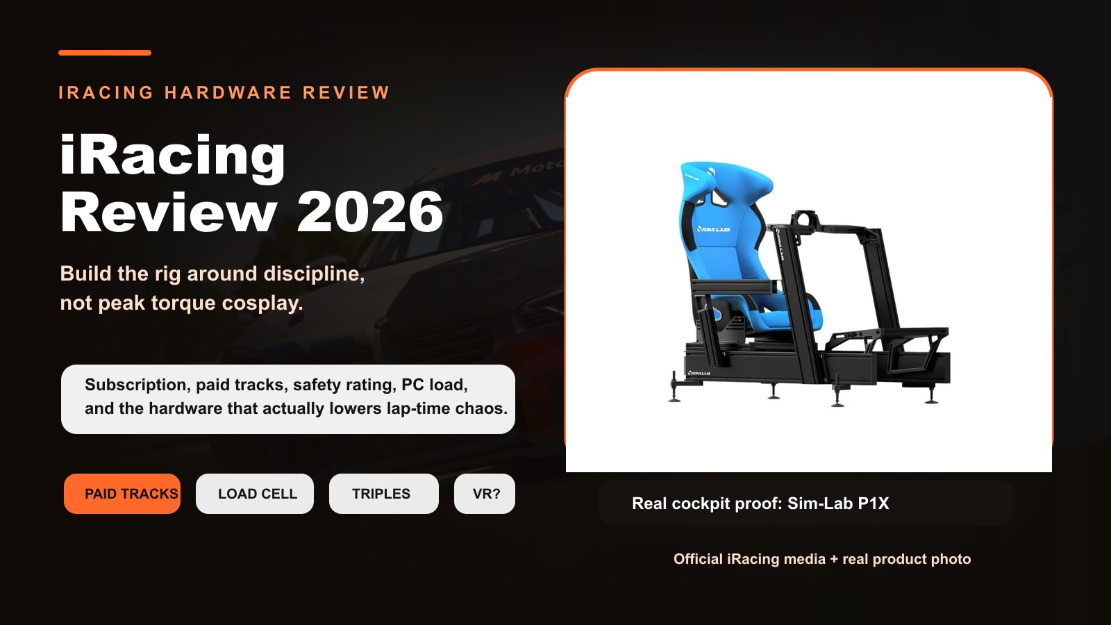 iRacing Review 2026 cover with official iRacing media and a real Sim-Lab P1X cockpit product photo