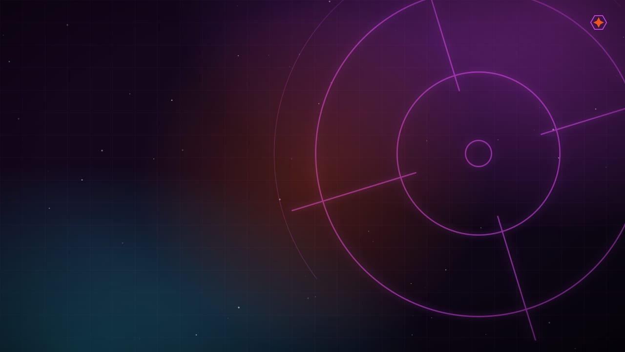 An Elite Dangerous cockpit view with dual flight sticks lit in neon cyan and magenta, a nebula beyond the canopy