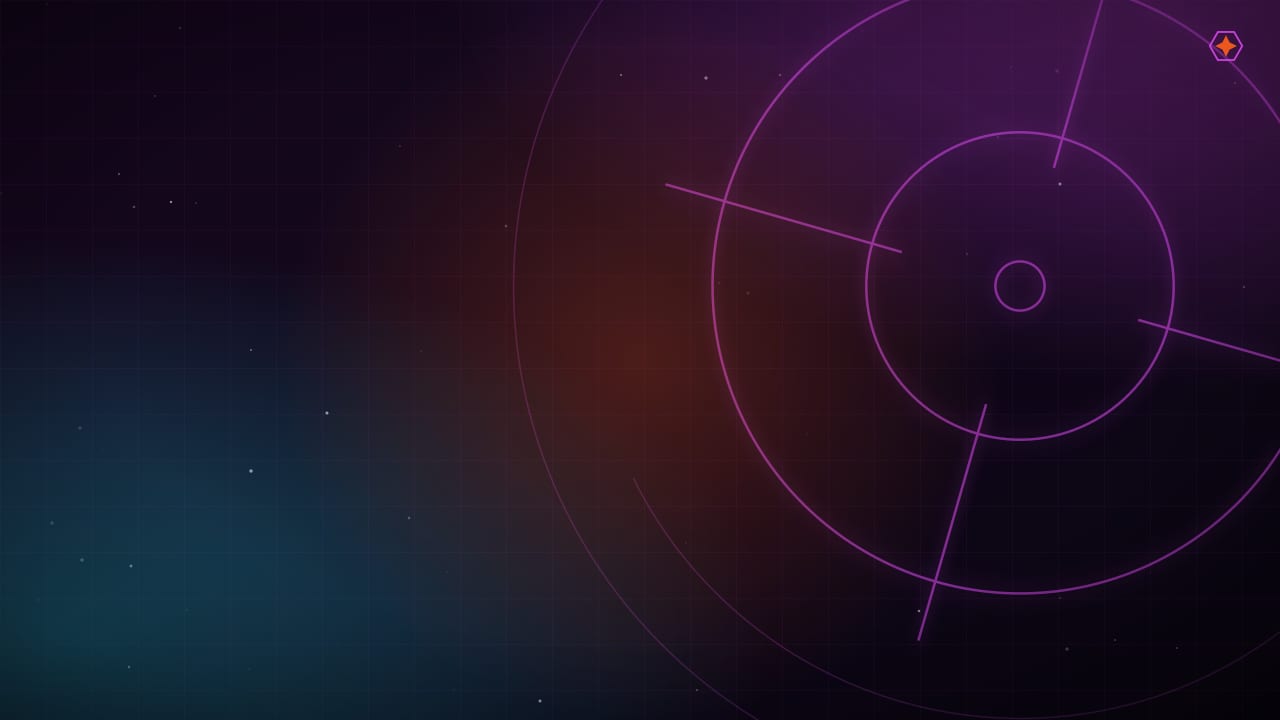 A HOTAS stick and throttle lit by magenta and cyan neon, starfield glowing behind a cockpit canopy