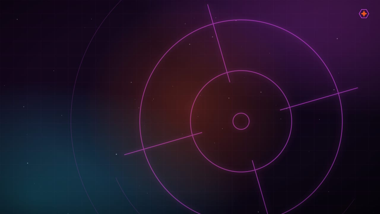 First-person view of a pilot's hands on two flight sticks, starfield and nebula through the canopy in magenta and cyan