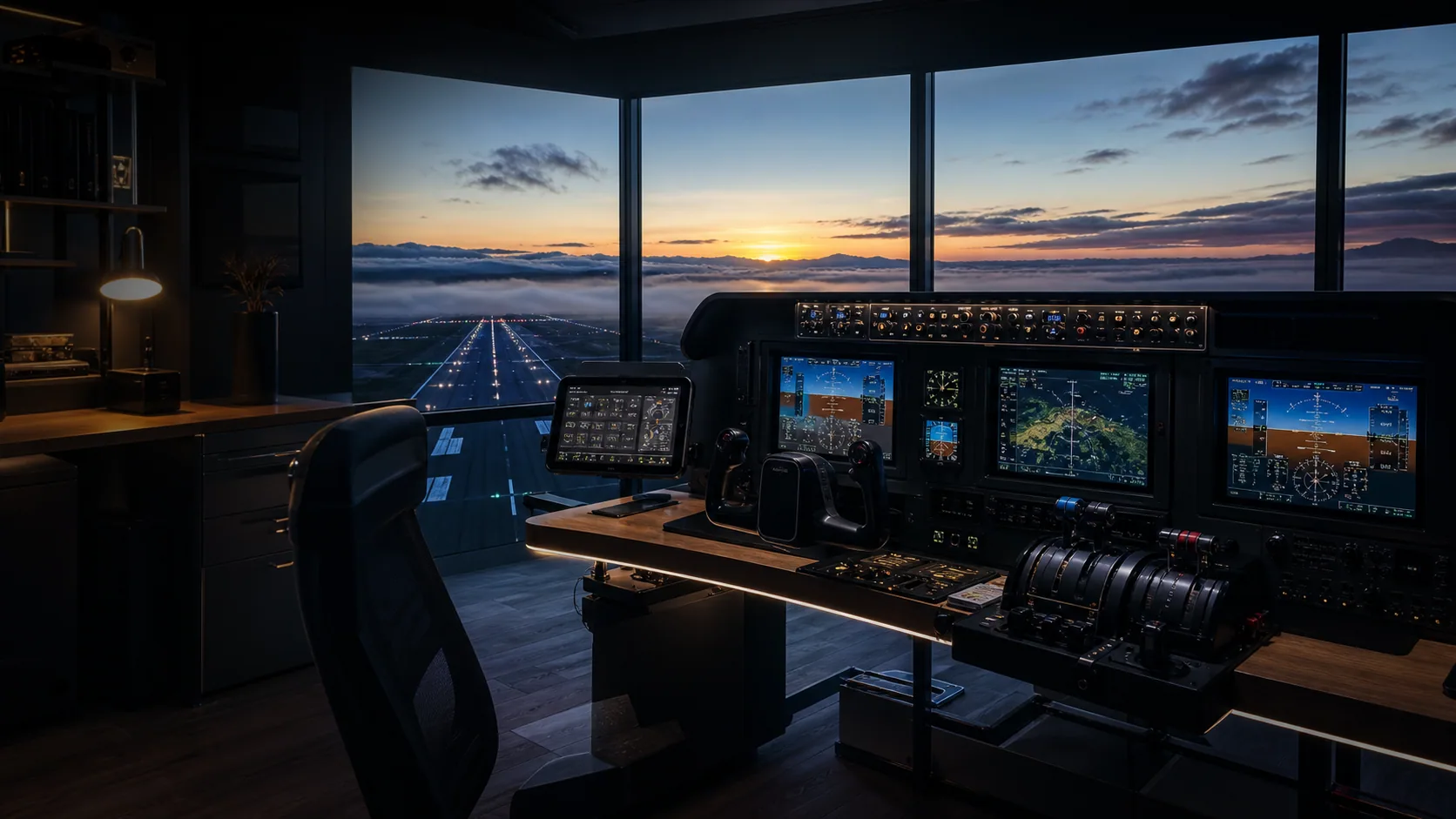 AI editorial background of a home flight simulator cockpit overlooking a dawn runway