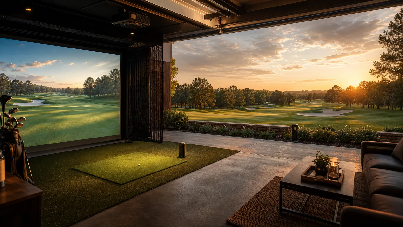 AI editorial background of a premium home golf simulator bay opening onto a golden hour golf course