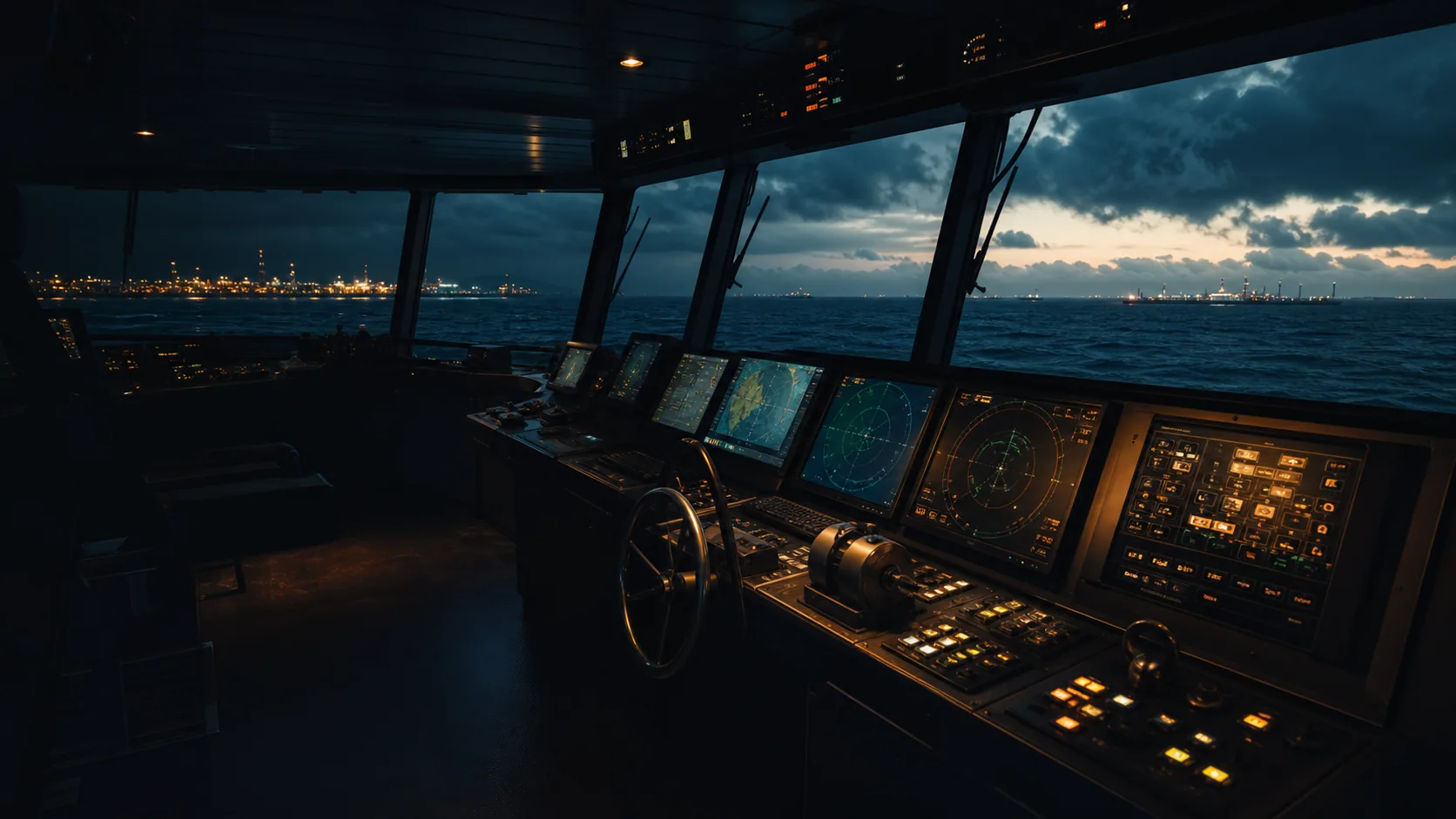 AI editorial background of a marine simulator bridge overlooking stormy open ocean