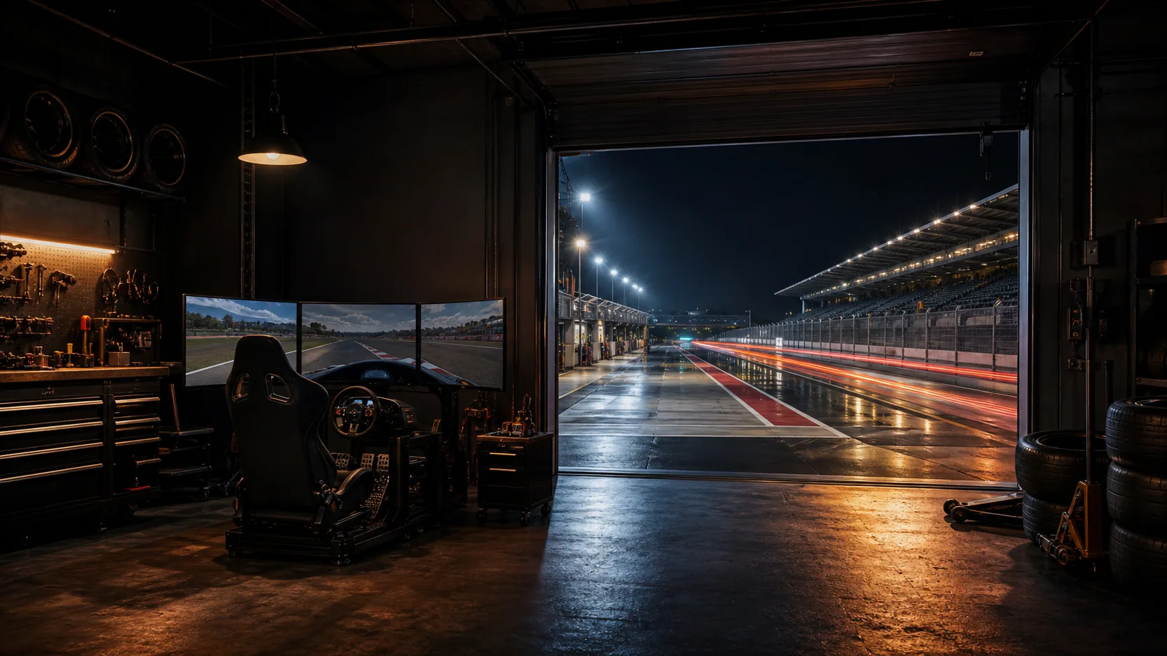 AI editorial background of a sim racing garage opening onto a floodlit race track and pit lane