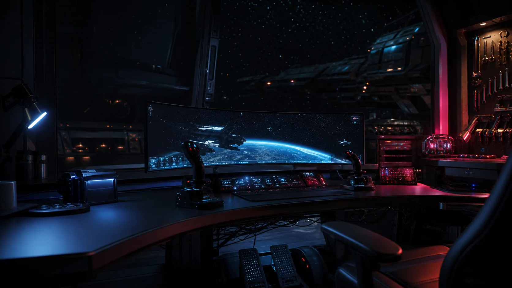 AI editorial background of a space simulator command station with dual sticks and a starfield